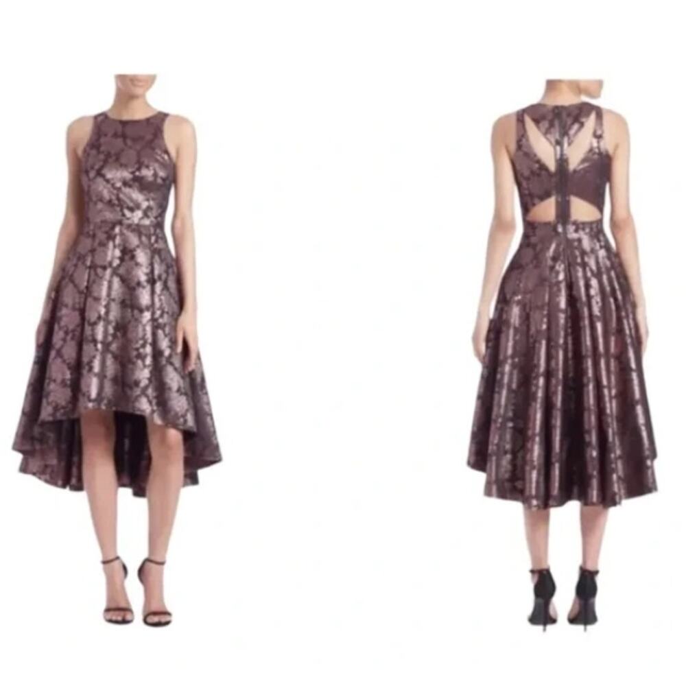 SACHI & BABI NOIR METALLIC ROSE GOLD HI-LO Cut Out sleeveless midi floral GOWN 0
